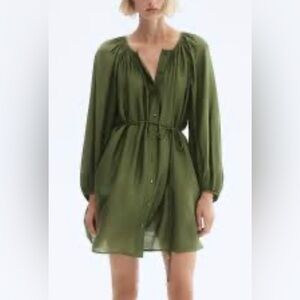 H&M Oversized Balloon Sleeve Green Belted Dress